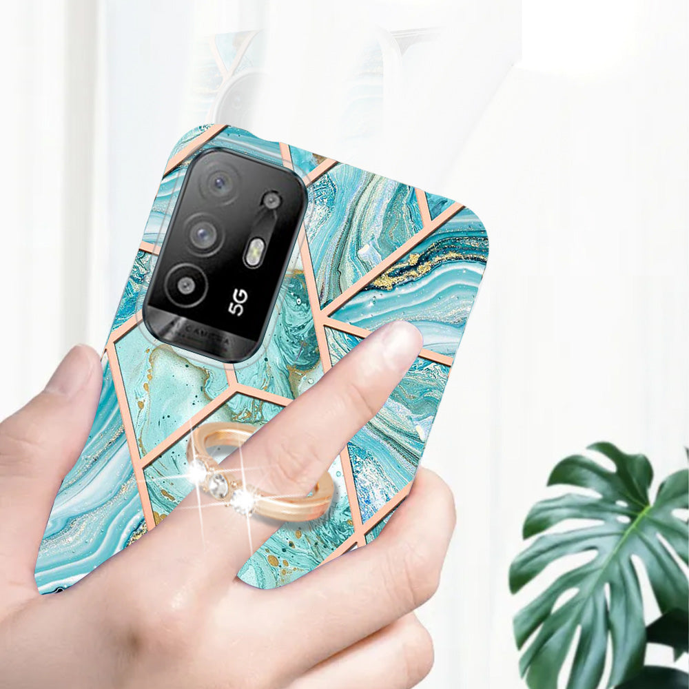 YB IMD Series-7 for Oppo A94 5G/A95 5G Electroplating Phone Case Marble Pattern IMD Shockproof TPU Smartphone Cover with Ring Kickstand