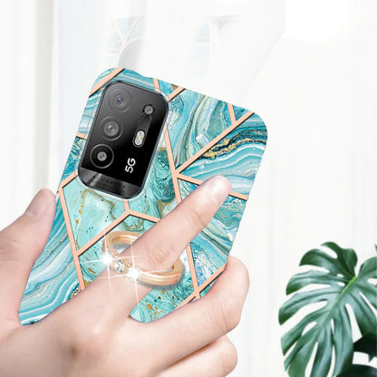YB IMD Series-7 for Oppo A94 5G/A95 5G Electroplating Phone Case Marble Pattern IMD Shockproof TPU Smartphone Cover with Ring Kickstand