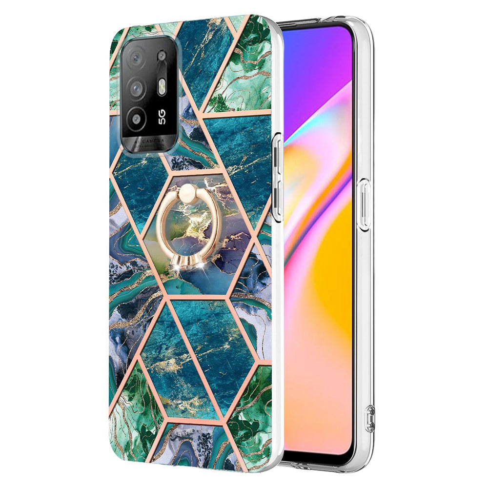 YB IMD Series-7 for Oppo A94 5G/A95 5G Electroplating Phone Case Marble Pattern IMD Shockproof TPU Smartphone Cover with Ring Kickstand
