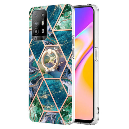 YB IMD Series-7 for Oppo A94 5G/A95 5G Electroplating Phone Case Marble Pattern IMD Shockproof TPU Smartphone Cover with Ring Kickstand