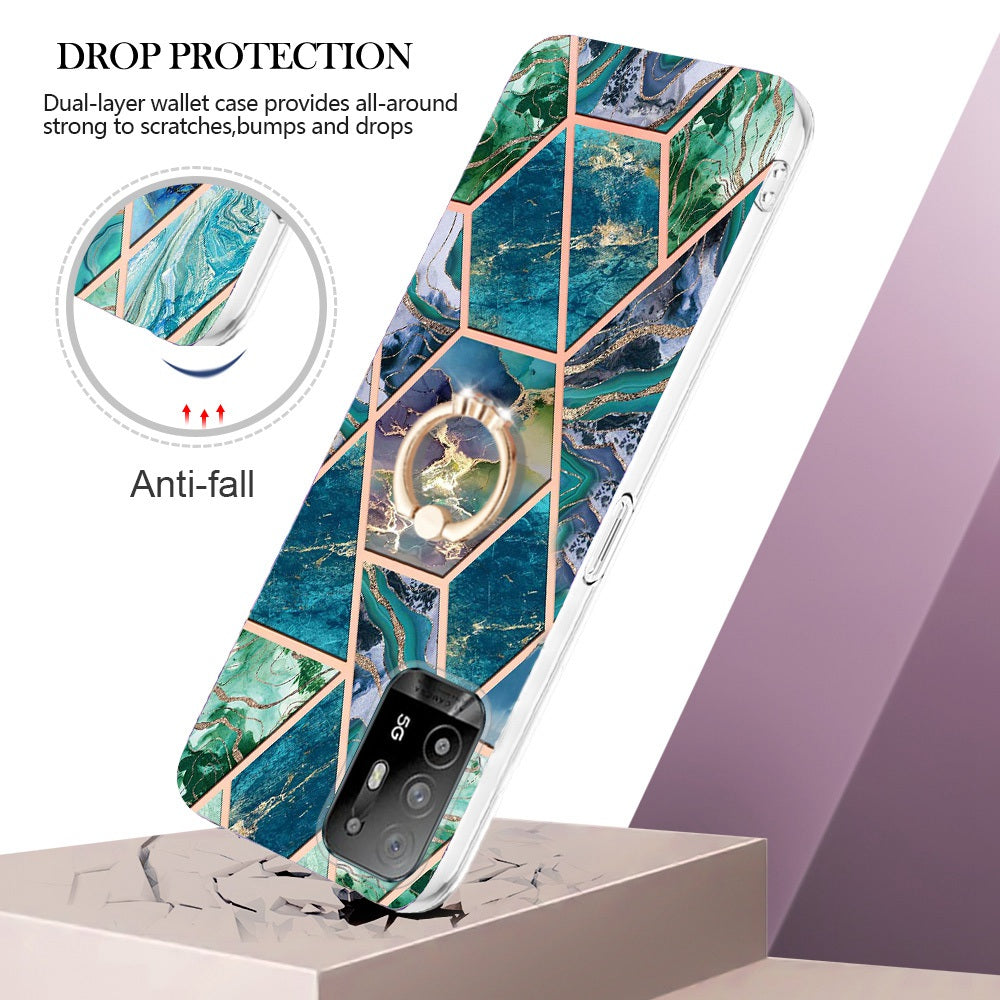 YB IMD Series-7 for Oppo A94 5G/A95 5G Electroplating Phone Case Marble Pattern IMD Shockproof TPU Smartphone Cover with Ring Kickstand