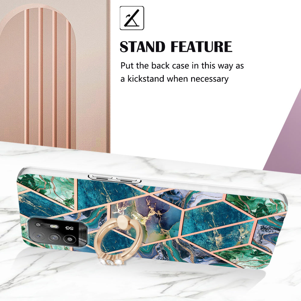 YB IMD Series-7 for Oppo A94 5G/A95 5G Electroplating Phone Case Marble Pattern IMD Shockproof TPU Smartphone Cover with Ring Kickstand
