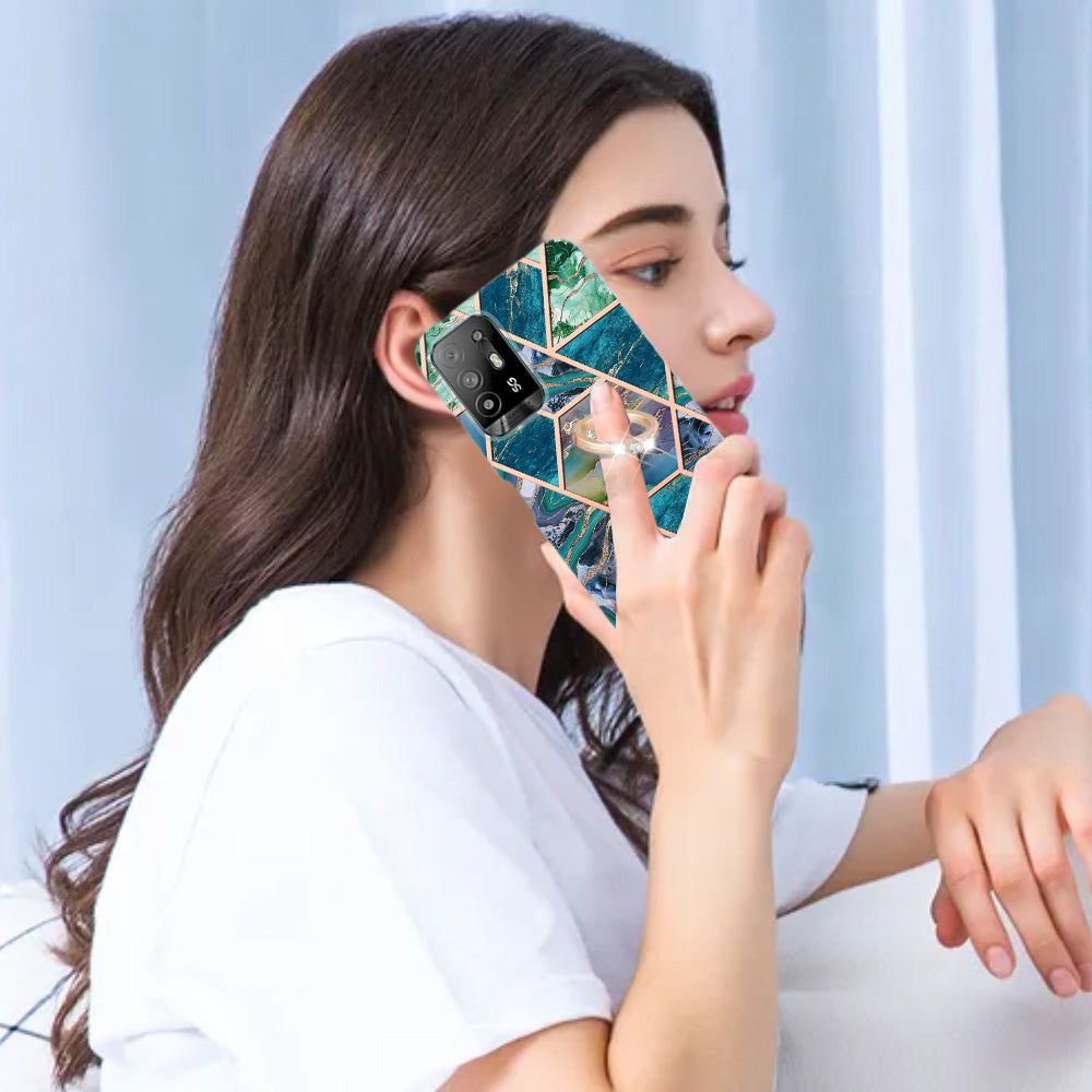 YB IMD Series-7 for Oppo A94 5G/A95 5G Electroplating Phone Case Marble Pattern IMD Shockproof TPU Smartphone Cover with Ring Kickstand
