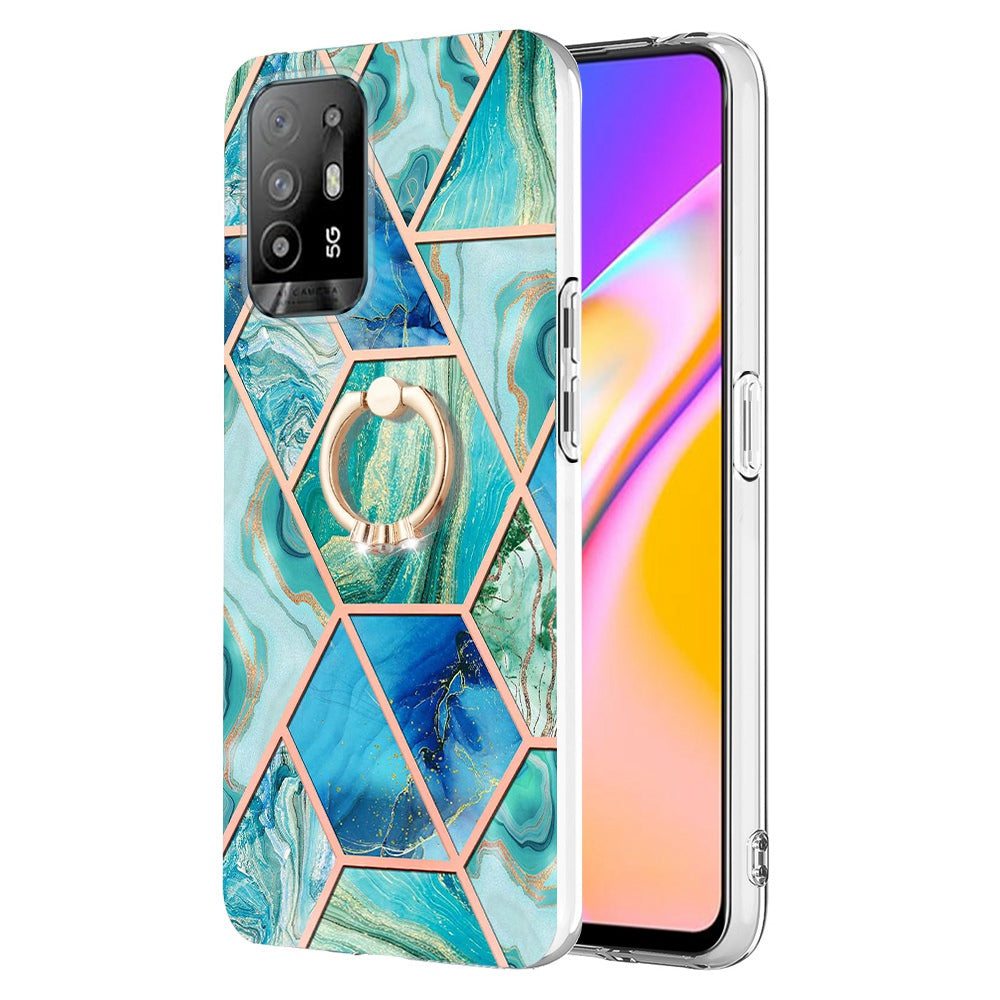 YB IMD Series-7 for Oppo A94 5G/A95 5G Electroplating Phone Case Marble Pattern IMD Shockproof TPU Smartphone Cover with Ring Kickstand