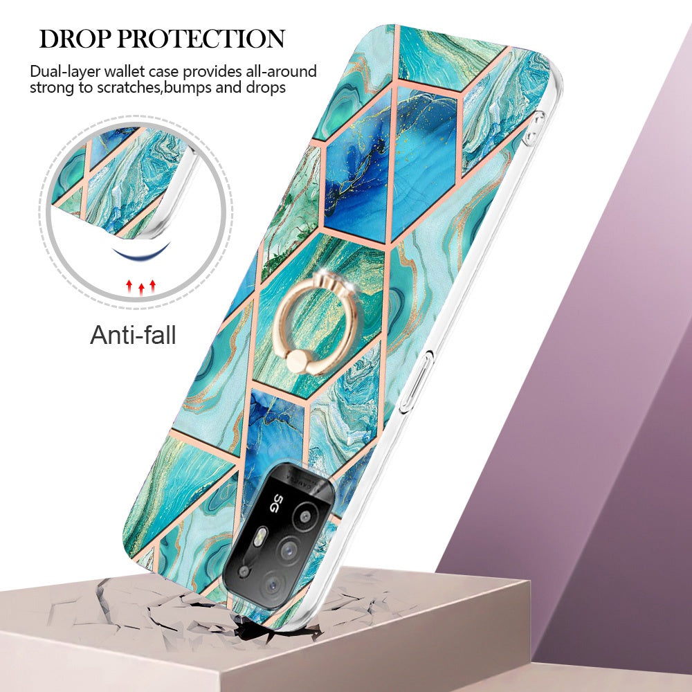 YB IMD Series-7 for Oppo A94 5G/A95 5G Electroplating Phone Case Marble Pattern IMD Shockproof TPU Smartphone Cover with Ring Kickstand