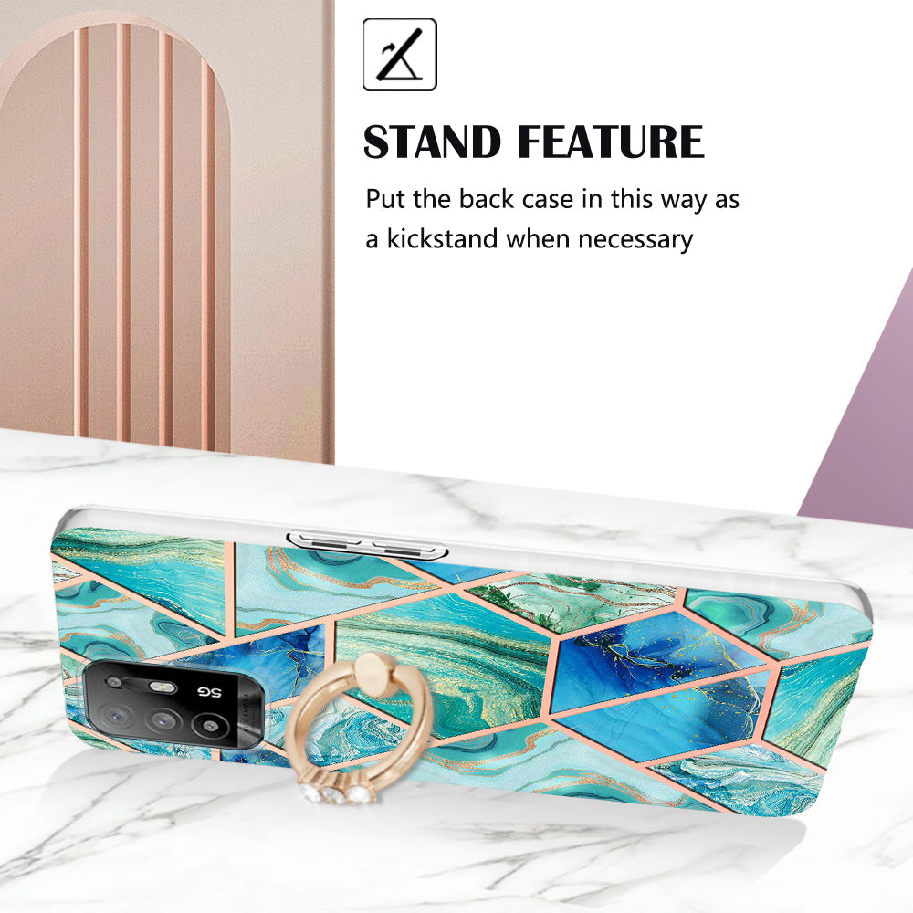 YB IMD Series-7 for Oppo A94 5G/A95 5G Electroplating Phone Case Marble Pattern IMD Shockproof TPU Smartphone Cover with Ring Kickstand