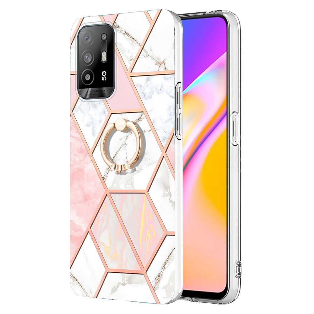 YB IMD Series-7 for Oppo A94 5G/A95 5G Electroplating Phone Case Marble Pattern IMD Shockproof TPU Smartphone Cover with Ring Kickstand