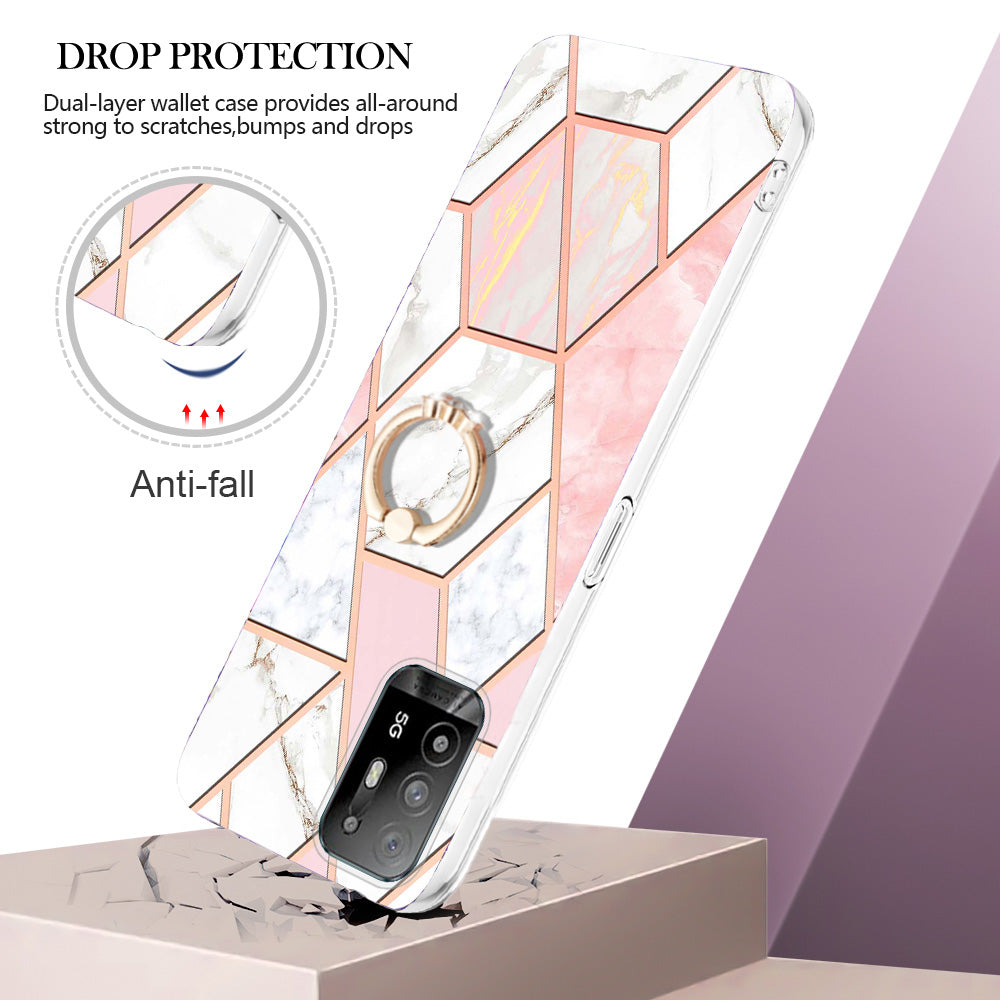 YB IMD Series-7 for Oppo A94 5G/A95 5G Electroplating Phone Case Marble Pattern IMD Shockproof TPU Smartphone Cover with Ring Kickstand