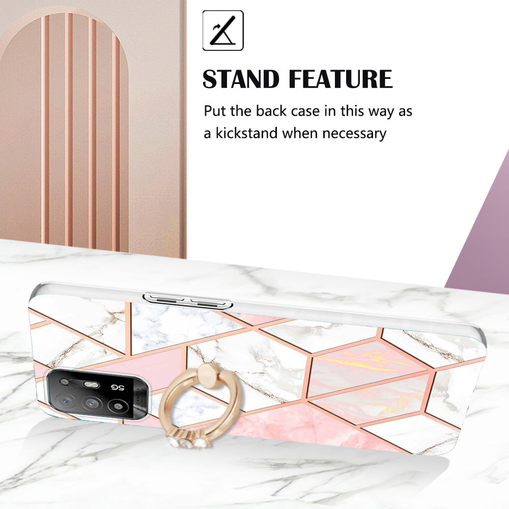YB IMD Series-7 for Oppo A94 5G/A95 5G Electroplating Phone Case Marble Pattern IMD Shockproof TPU Smartphone Cover with Ring Kickstand
