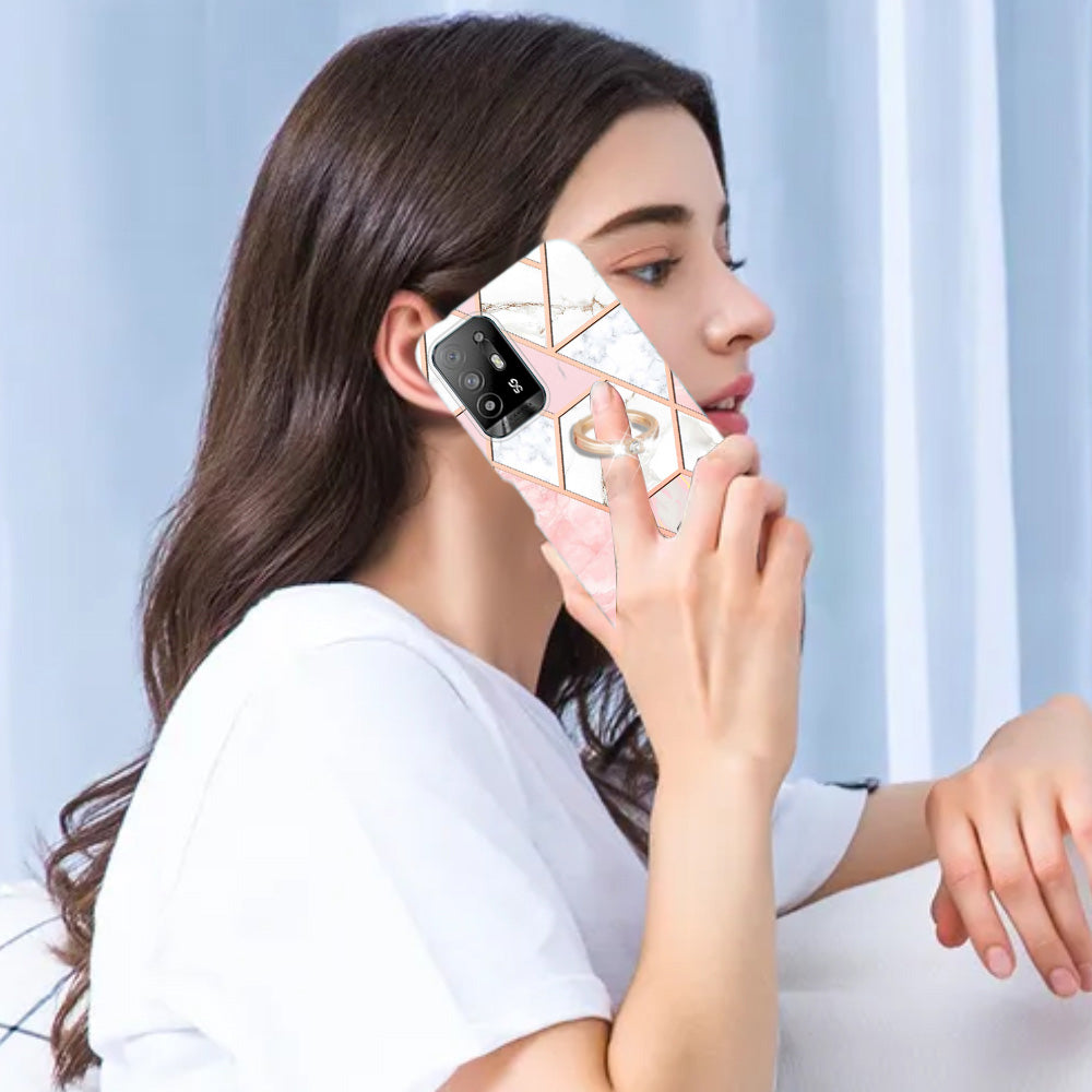 YB IMD Series-7 for Oppo A94 5G/A95 5G Electroplating Phone Case Marble Pattern IMD Shockproof TPU Smartphone Cover with Ring Kickstand