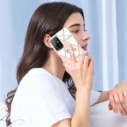 YB IMD Series-7 for Oppo A94 5G/A95 5G Electroplating Phone Case Marble Pattern IMD Shockproof TPU Smartphone Cover with Ring Kickstand