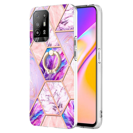 YB IMD Series-7 for Oppo A94 5G/A95 5G Electroplating Phone Case Marble Pattern IMD Shockproof TPU Smartphone Cover with Ring Kickstand