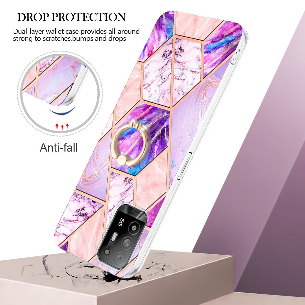 YB IMD Series-7 for Oppo A94 5G/A95 5G Electroplating Phone Case Marble Pattern IMD Shockproof TPU Smartphone Cover with Ring Kickstand
