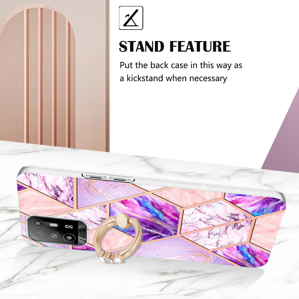 YB IMD Series-7 for Oppo A94 5G/A95 5G Electroplating Phone Case Marble Pattern IMD Shockproof TPU Smartphone Cover with Ring Kickstand