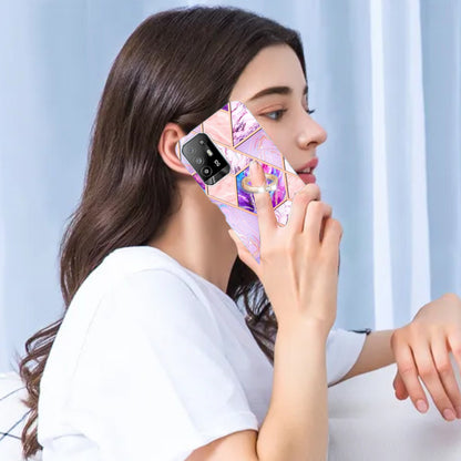 YB IMD Series-7 for Oppo A94 5G/A95 5G Electroplating Phone Case Marble Pattern IMD Shockproof TPU Smartphone Cover with Ring Kickstand