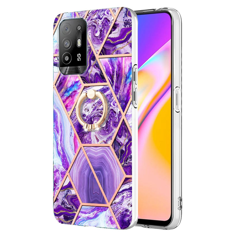 YB IMD Series-7 for Oppo A94 5G/A95 5G Electroplating Phone Case Marble Pattern IMD Shockproof TPU Smartphone Cover with Ring Kickstand