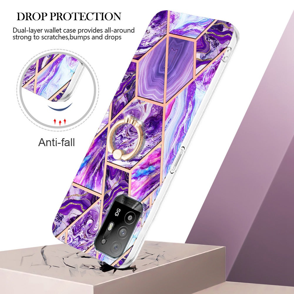 YB IMD Series-7 for Oppo A94 5G/A95 5G Electroplating Phone Case Marble Pattern IMD Shockproof TPU Smartphone Cover with Ring Kickstand