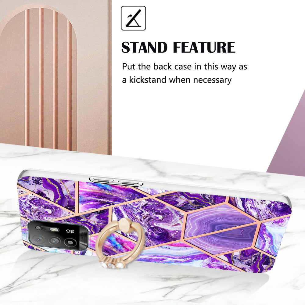 YB IMD Series-7 for Oppo A94 5G/A95 5G Electroplating Phone Case Marble Pattern IMD Shockproof TPU Smartphone Cover with Ring Kickstand