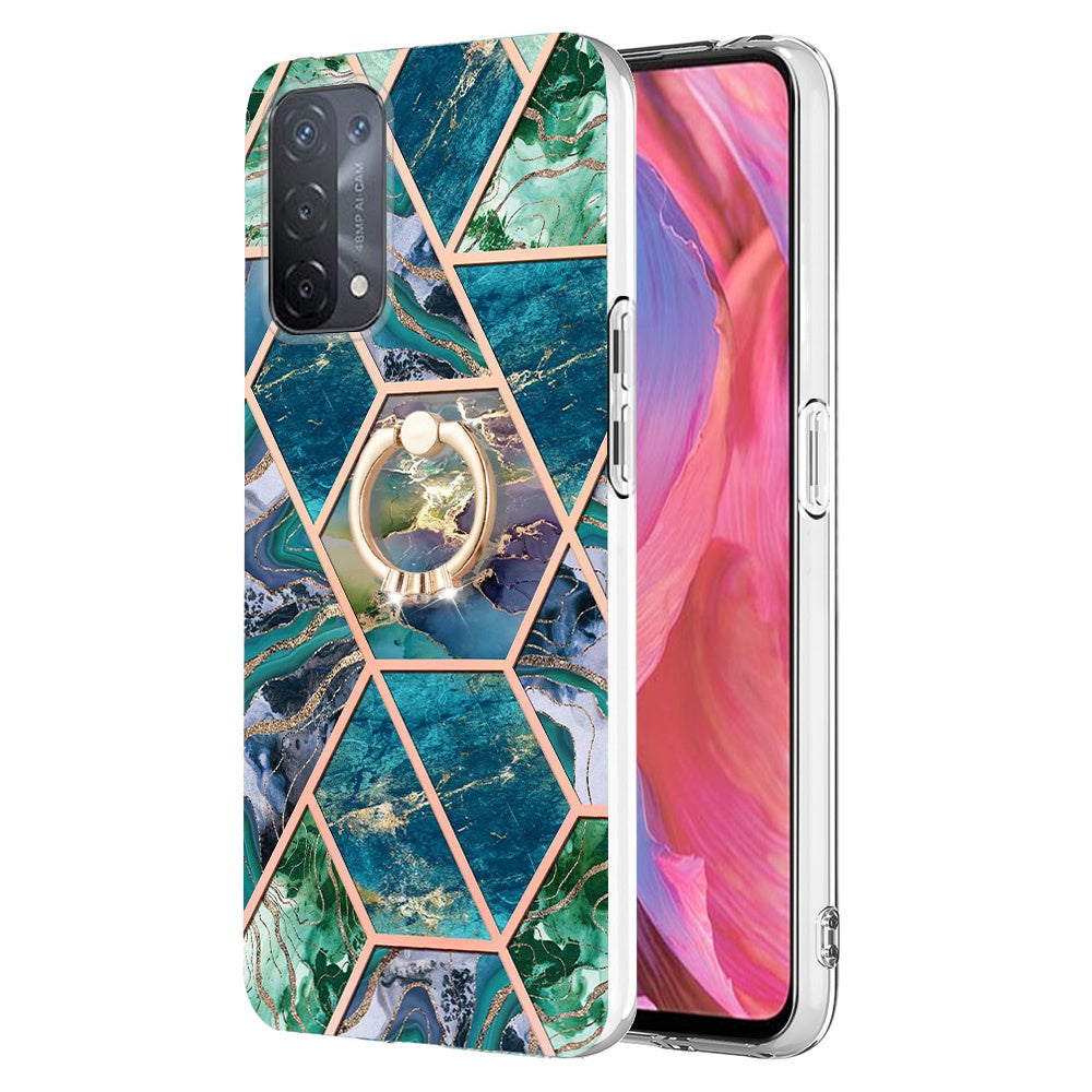 YB IMD Series-7 for Oppo A74 5G/A93 5G/A54 5G/A93s 5G Marble Pattern IMD Well-protected Phone Case Electroplating TPU Cover with Ring Kickstand