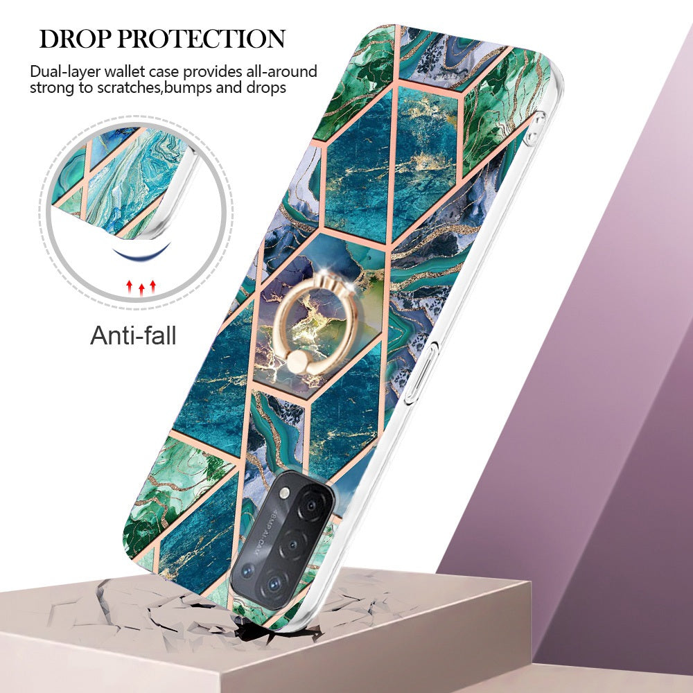 YB IMD Series-7 for Oppo A74 5G/A93 5G/A54 5G/A93s 5G Marble Pattern IMD Well-protected Phone Case Electroplating TPU Cover with Ring Kickstand