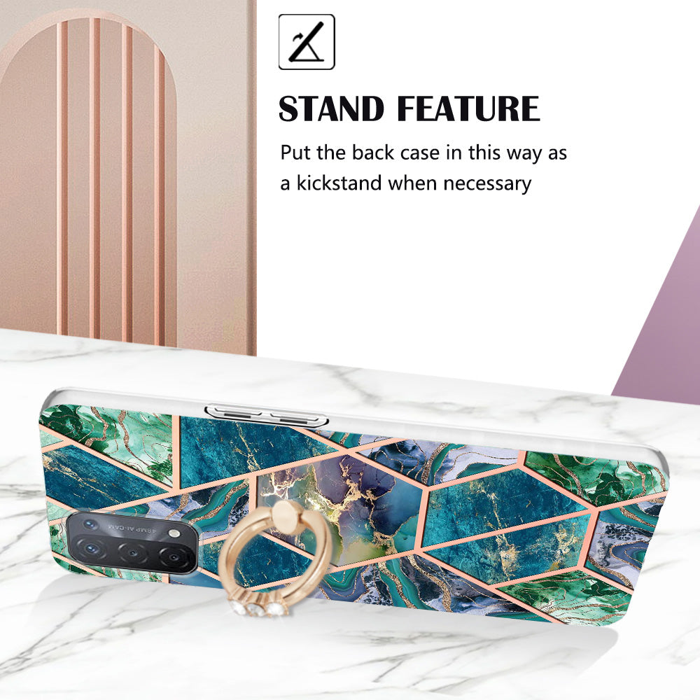 YB IMD Series-7 for Oppo A74 5G/A93 5G/A54 5G/A93s 5G Marble Pattern IMD Well-protected Phone Case Electroplating TPU Cover with Ring Kickstand