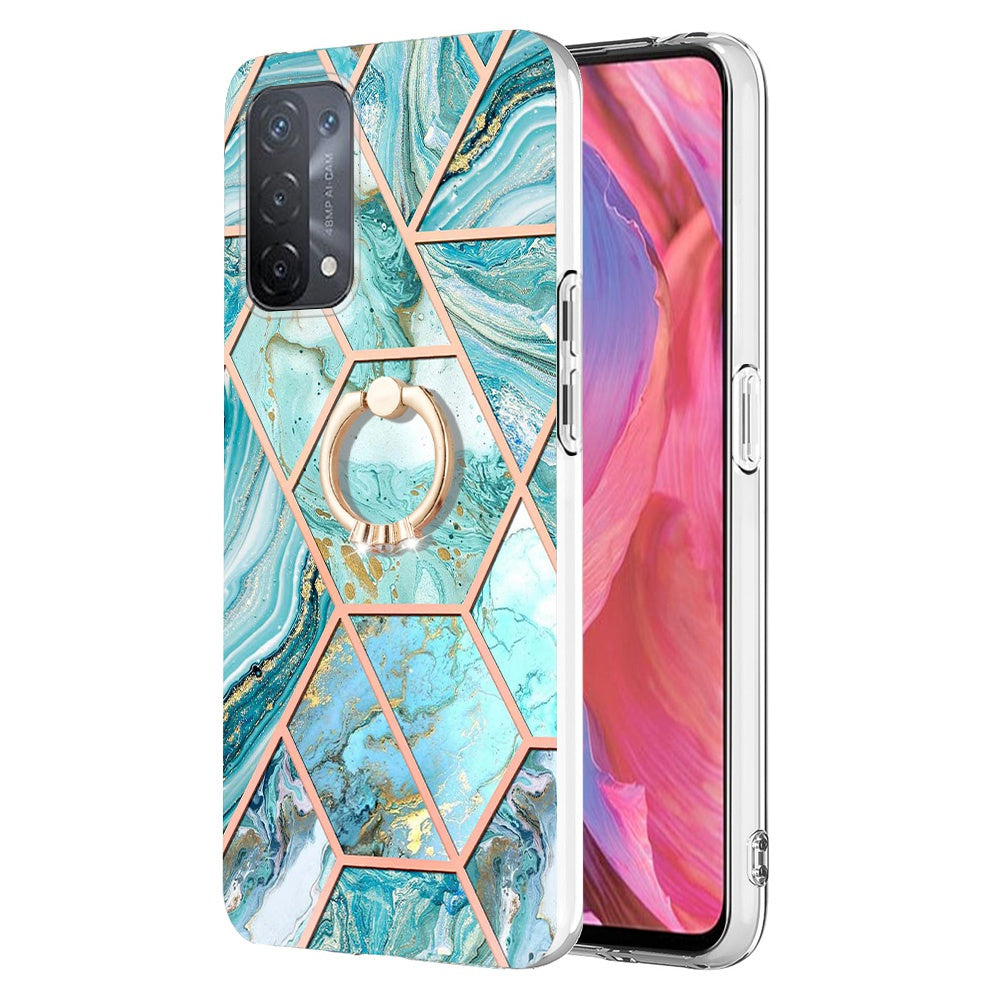 YB IMD Series-7 for Oppo A74 5G/A93 5G/A54 5G/A93s 5G Marble Pattern IMD Well-protected Phone Case Electroplating TPU Cover with Ring Kickstand