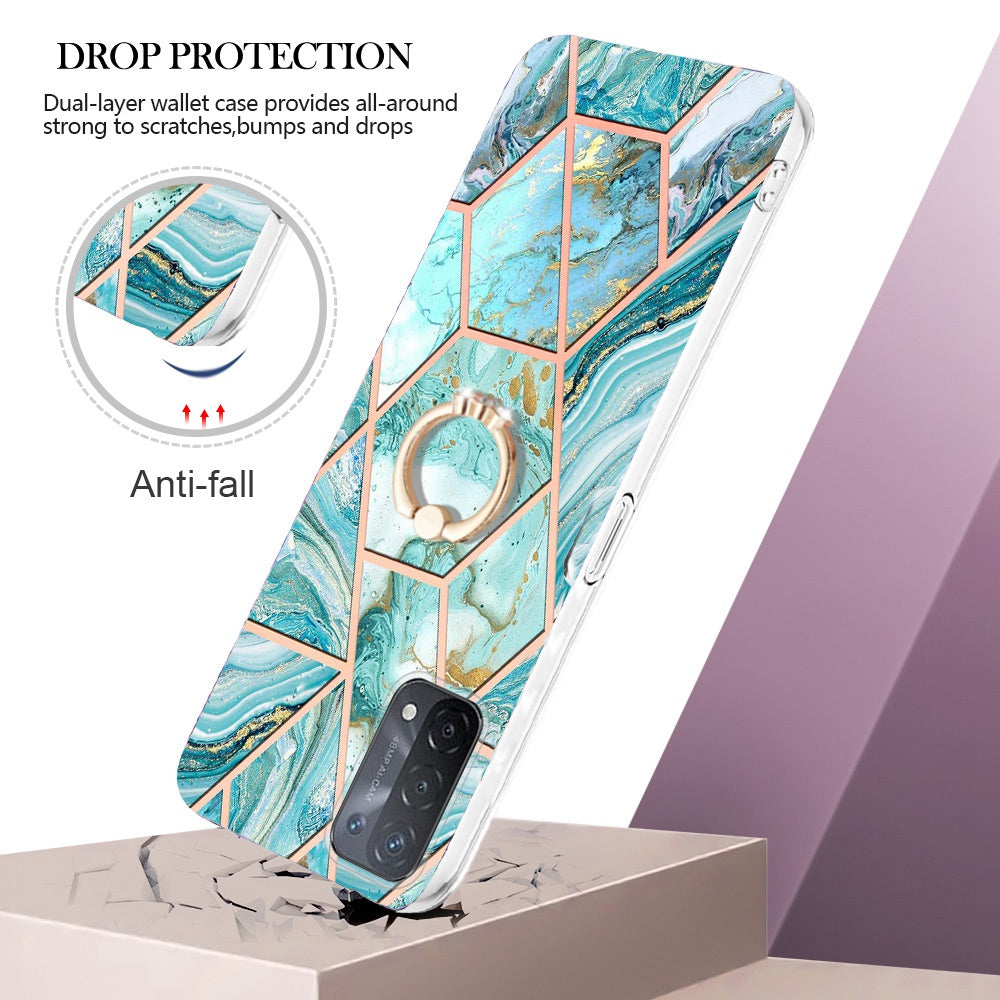 YB IMD Series-7 for Oppo A74 5G/A93 5G/A54 5G/A93s 5G Marble Pattern IMD Well-protected Phone Case Electroplating TPU Cover with Ring Kickstand