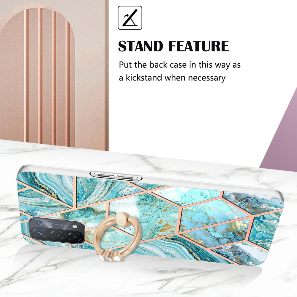 YB IMD Series-7 for Oppo A74 5G/A93 5G/A54 5G/A93s 5G Marble Pattern IMD Well-protected Phone Case Electroplating TPU Cover with Ring Kickstand