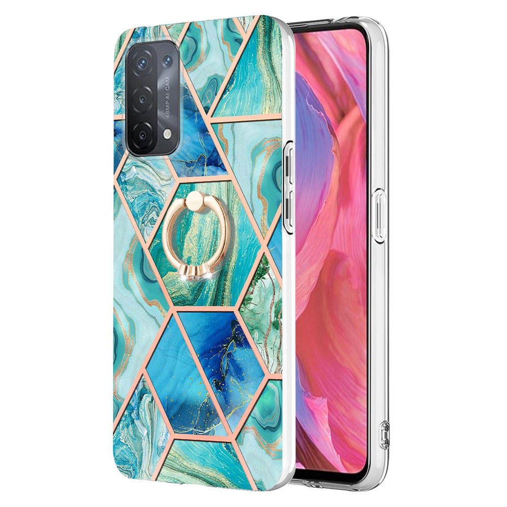 YB IMD Series-7 for Oppo A74 5G/A93 5G/A54 5G/A93s 5G Marble Pattern IMD Well-protected Phone Case Electroplating TPU Cover with Ring Kickstand