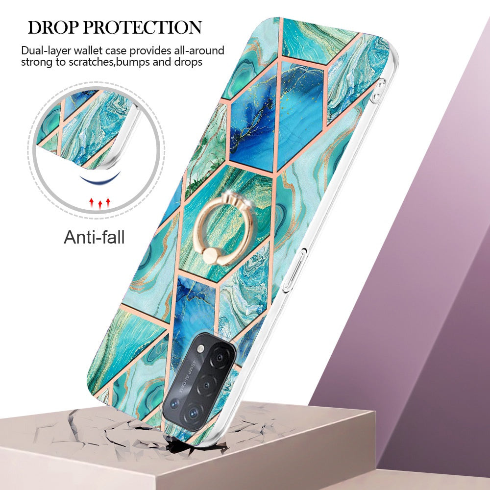 YB IMD Series-7 for Oppo A74 5G/A93 5G/A54 5G/A93s 5G Marble Pattern IMD Well-protected Phone Case Electroplating TPU Cover with Ring Kickstand