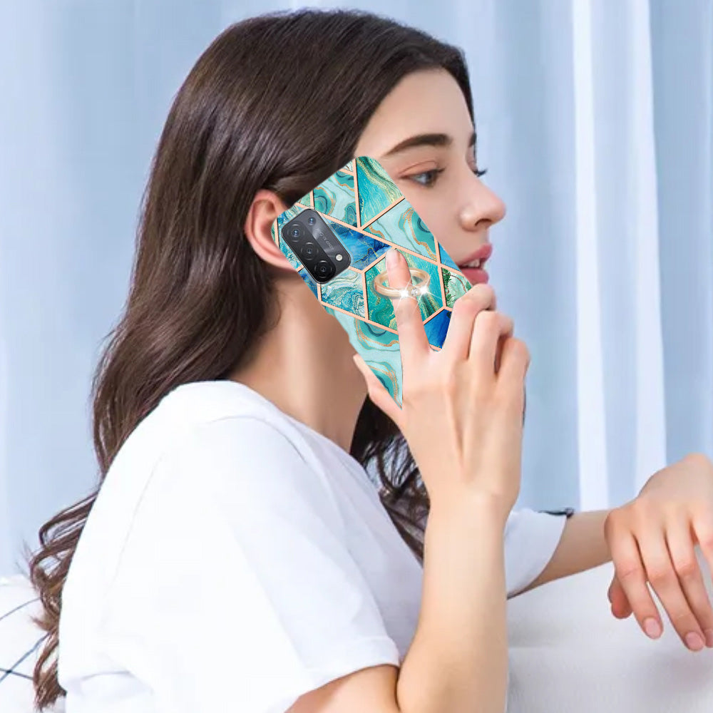 YB IMD Series-7 for Oppo A74 5G/A93 5G/A54 5G/A93s 5G Marble Pattern IMD Well-protected Phone Case Electroplating TPU Cover with Ring Kickstand