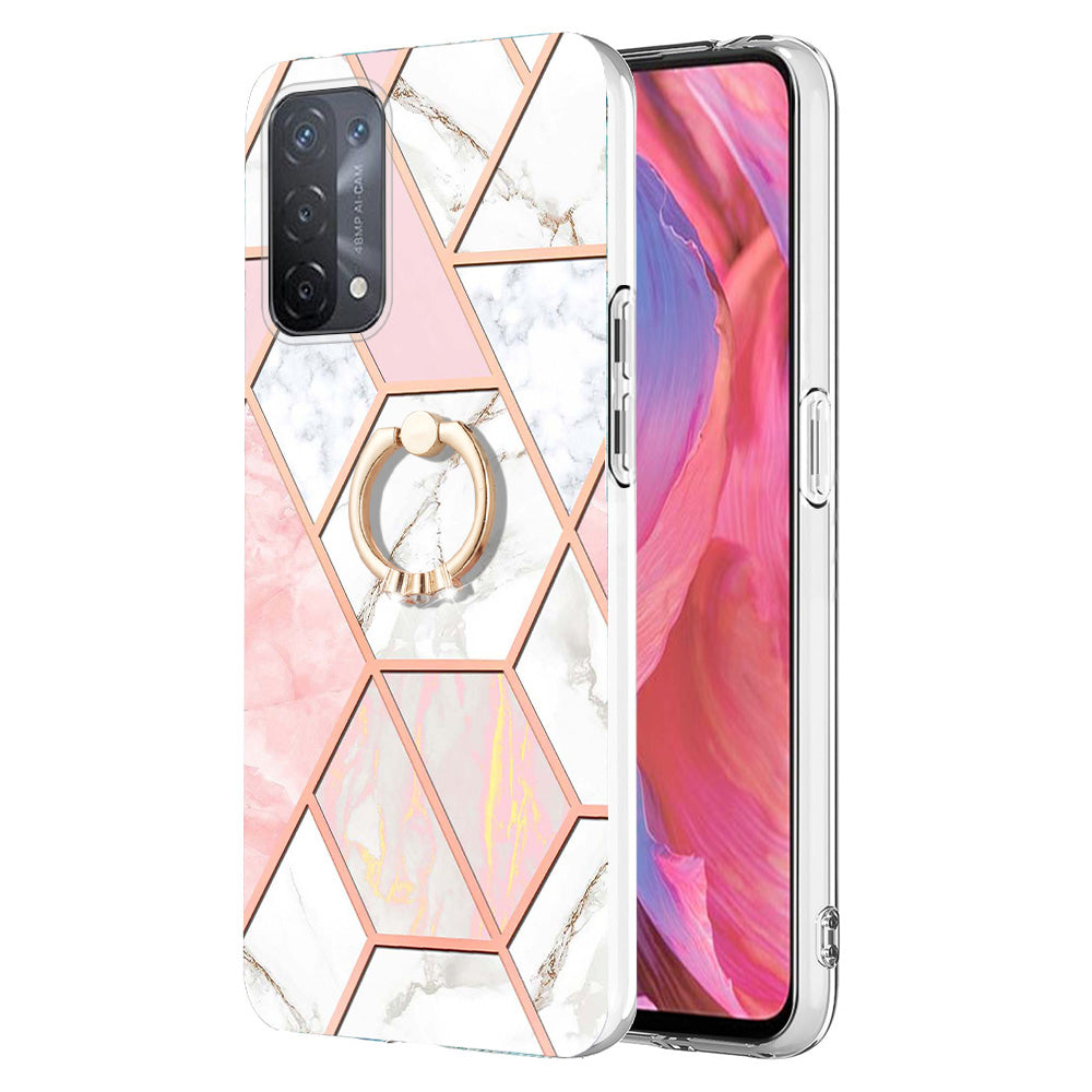YB IMD Series-7 for Oppo A74 5G/A93 5G/A54 5G/A93s 5G Marble Pattern IMD Well-protected Phone Case Electroplating TPU Cover with Ring Kickstand