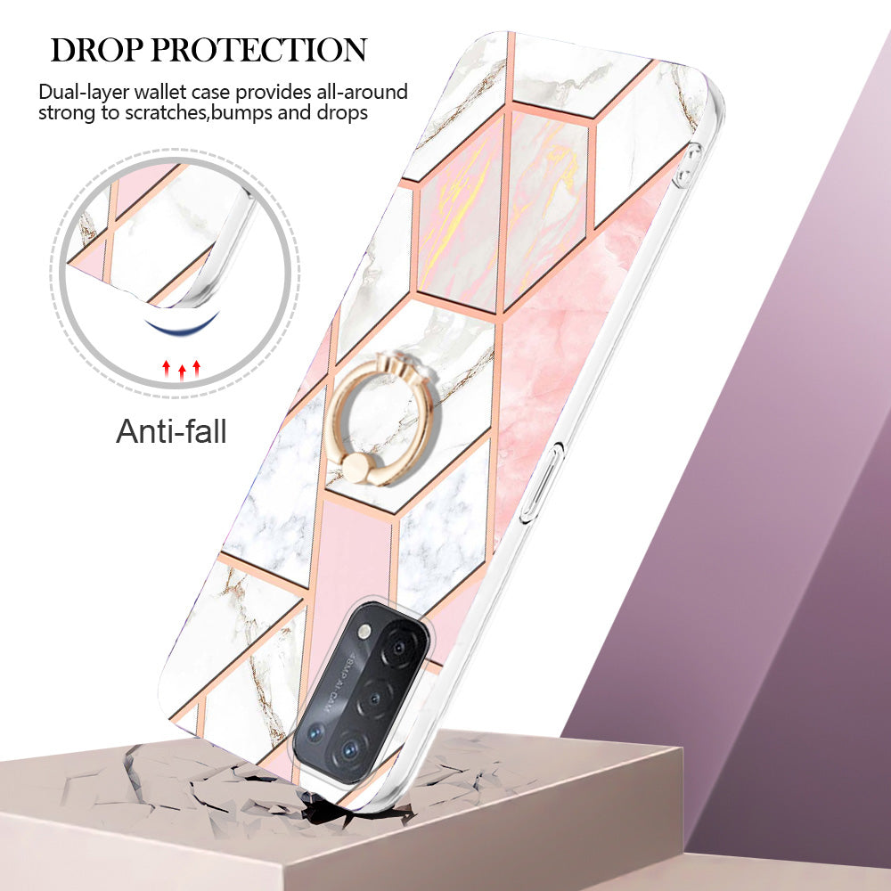 YB IMD Series-7 for Oppo A74 5G/A93 5G/A54 5G/A93s 5G Marble Pattern IMD Well-protected Phone Case Electroplating TPU Cover with Ring Kickstand