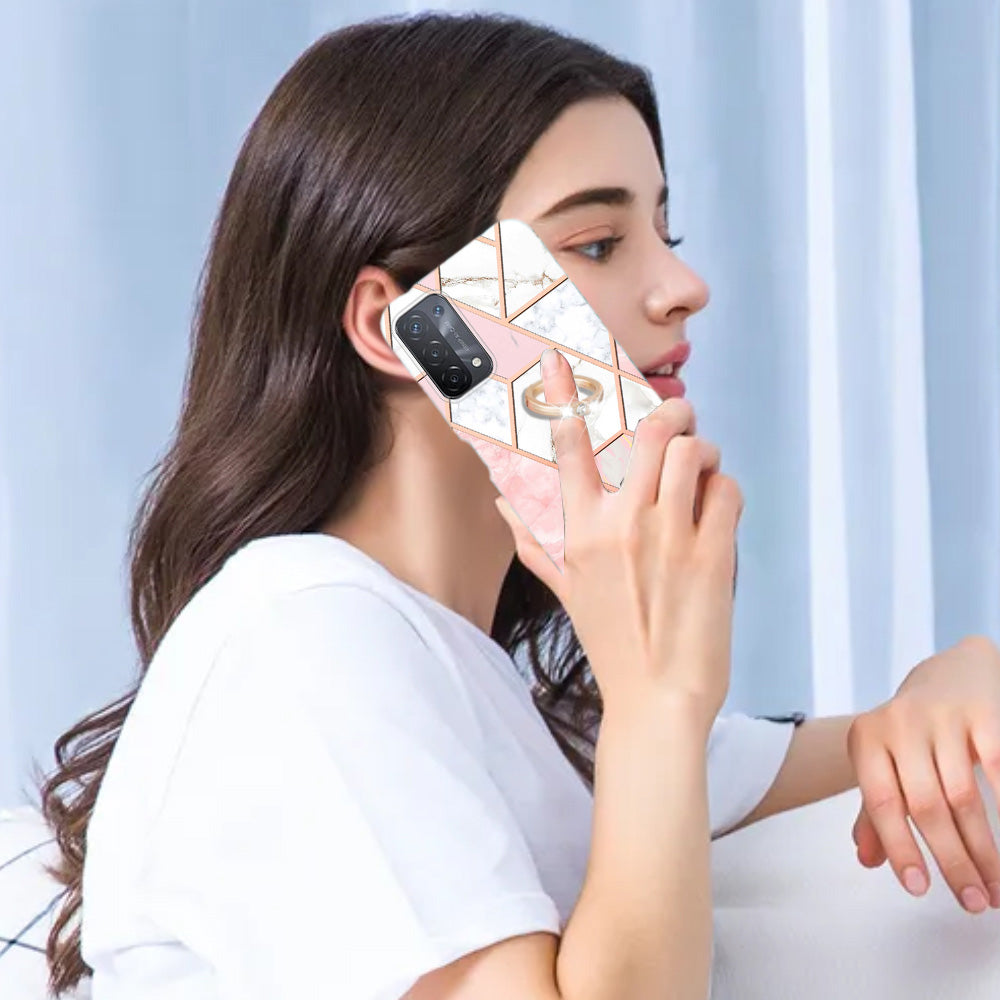 YB IMD Series-7 for Oppo A74 5G/A93 5G/A54 5G/A93s 5G Marble Pattern IMD Well-protected Phone Case Electroplating TPU Cover with Ring Kickstand