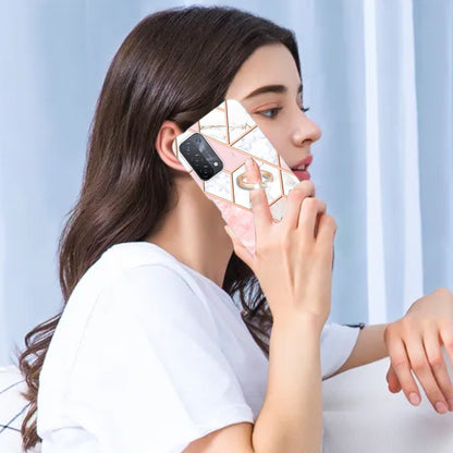 YB IMD Series-7 for Oppo A74 5G/A93 5G/A54 5G/A93s 5G Marble Pattern IMD Well-protected Phone Case Electroplating TPU Cover with Ring Kickstand