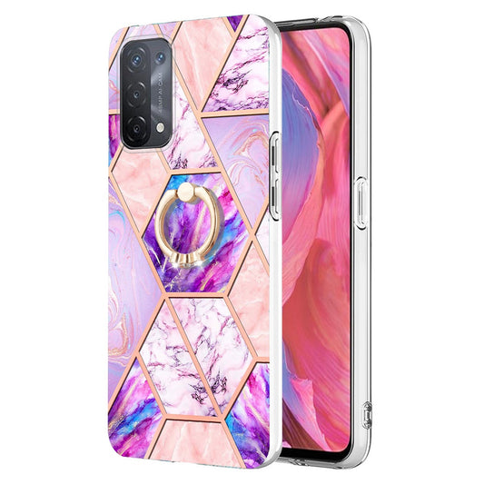 YB IMD Series-7 for Oppo A74 5G/A93 5G/A54 5G/A93s 5G Marble Pattern IMD Well-protected Phone Case Electroplating TPU Cover with Ring Kickstand