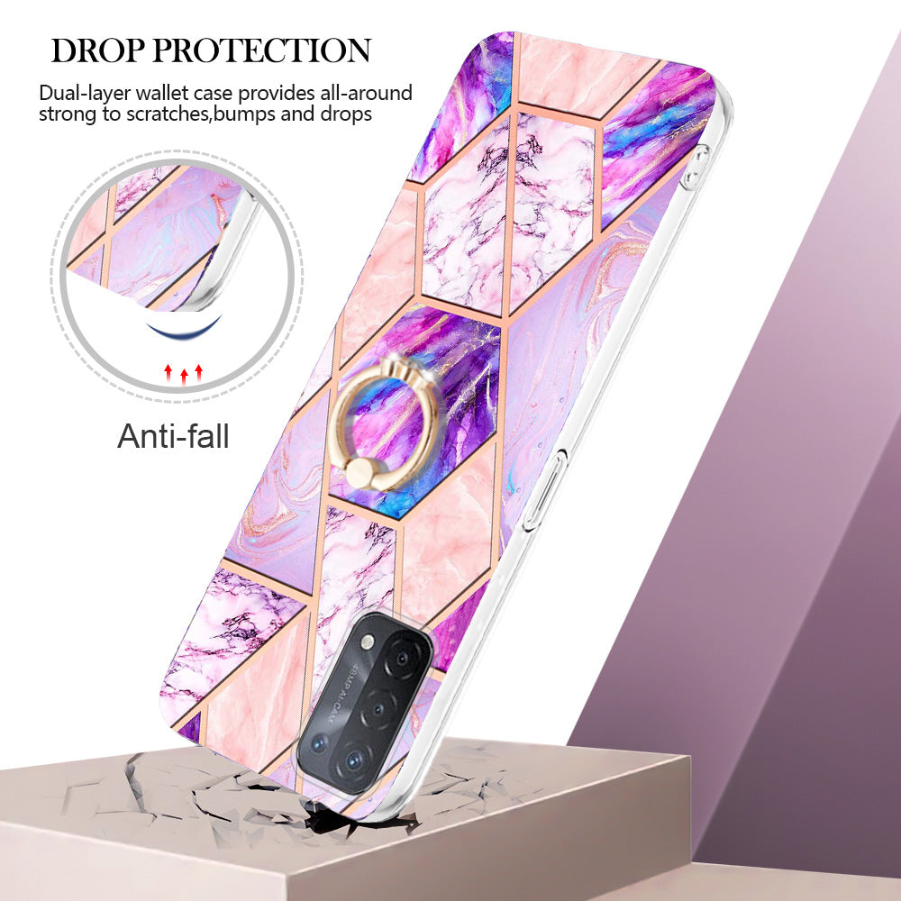 YB IMD Series-7 for Oppo A74 5G/A93 5G/A54 5G/A93s 5G Marble Pattern IMD Well-protected Phone Case Electroplating TPU Cover with Ring Kickstand