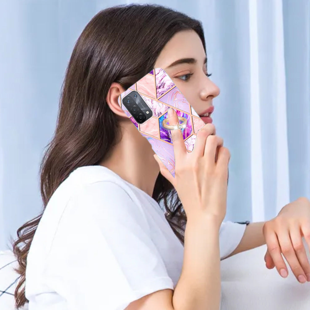 YB IMD Series-7 for Oppo A74 5G/A93 5G/A54 5G/A93s 5G Marble Pattern IMD Well-protected Phone Case Electroplating TPU Cover with Ring Kickstand