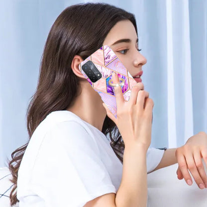 YB IMD Series-7 for Oppo A74 5G/A93 5G/A54 5G/A93s 5G Marble Pattern IMD Well-protected Phone Case Electroplating TPU Cover with Ring Kickstand