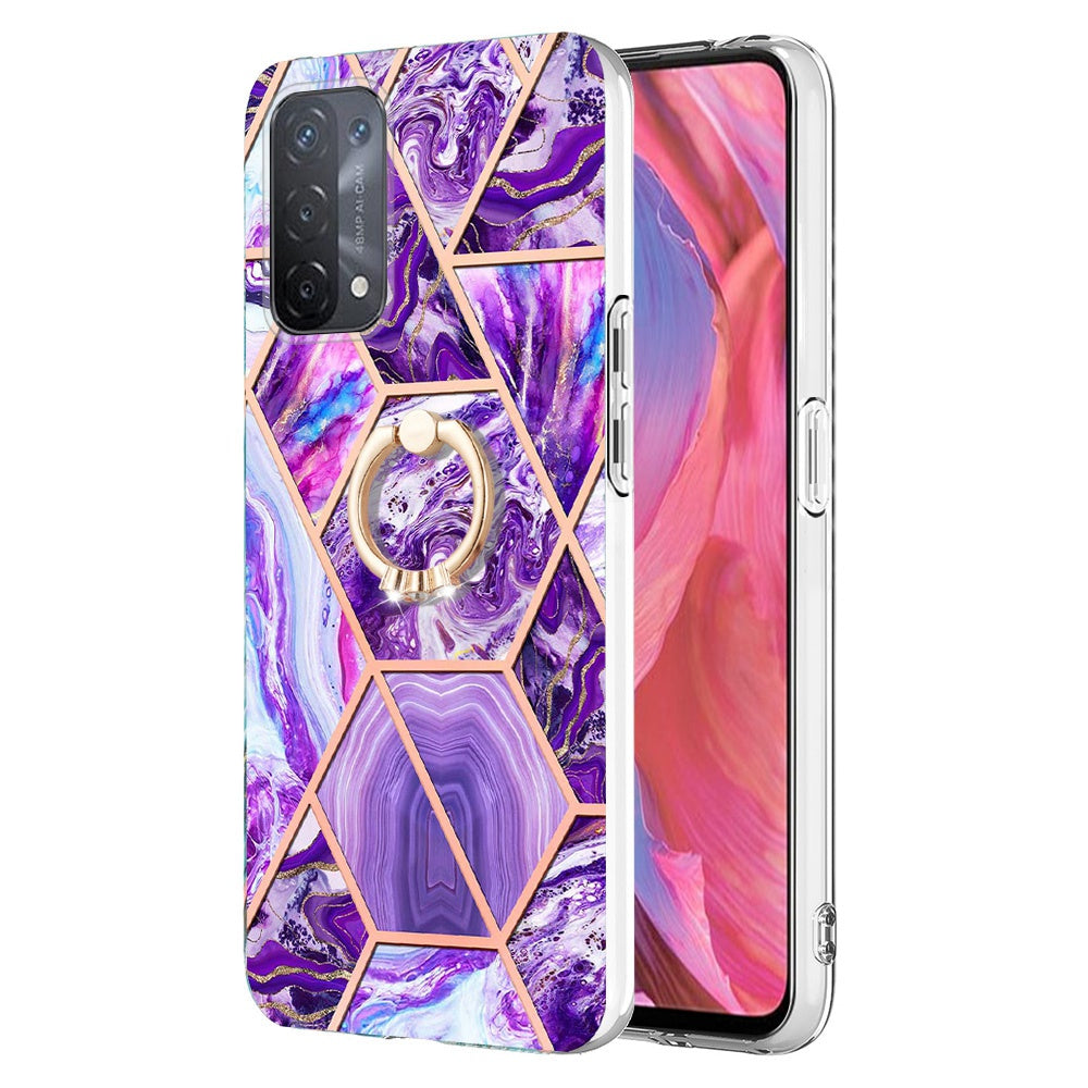 YB IMD Series-7 for Oppo A74 5G/A93 5G/A54 5G/A93s 5G Marble Pattern IMD Well-protected Phone Case Electroplating TPU Cover with Ring Kickstand