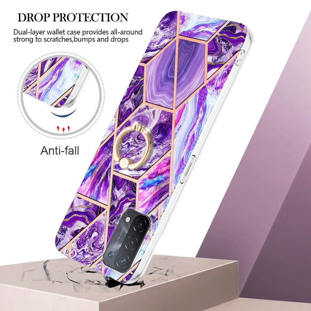 YB IMD Series-7 for Oppo A74 5G/A93 5G/A54 5G/A93s 5G Marble Pattern IMD Well-protected Phone Case Electroplating TPU Cover with Ring Kickstand