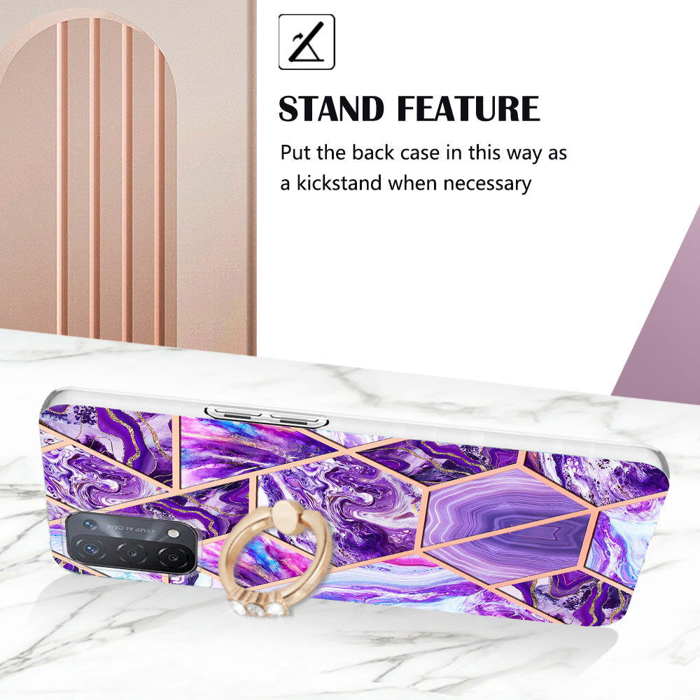YB IMD Series-7 for Oppo A74 5G/A93 5G/A54 5G/A93s 5G Marble Pattern IMD Well-protected Phone Case Electroplating TPU Cover with Ring Kickstand