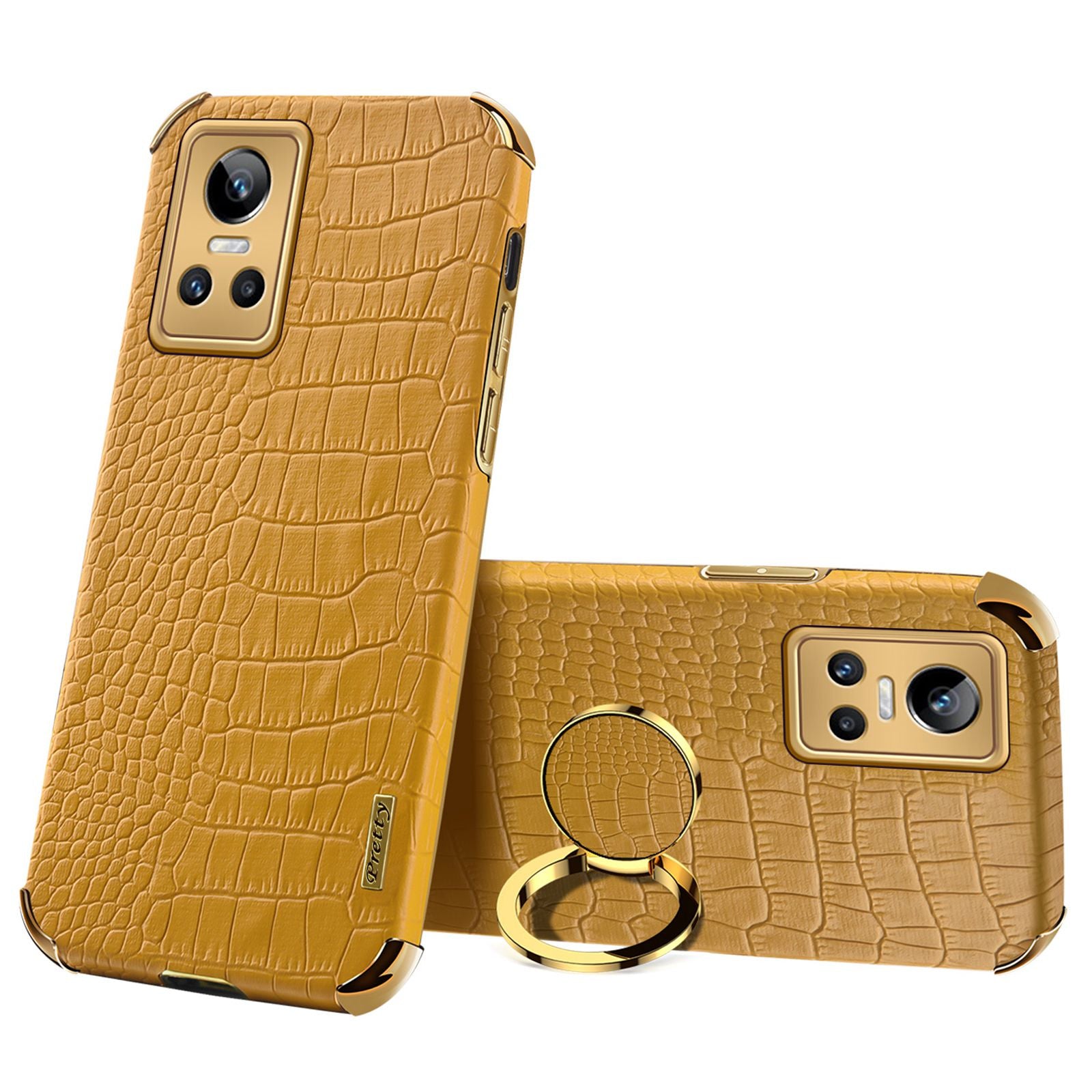 For Realme GT Neo3 Ring Holder Kickstand Case Crocodile Texture Leather Coated TPU 6D Electroplated Shockproof Protective Shell