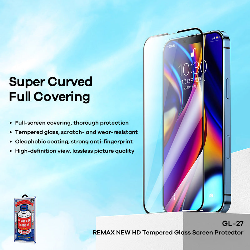 REMAX Scratch-Resistant Anti-Fingerprint Full Glue Full Screen Coverage Curved Tempered Glass Screen Protector for iPhone 13 Pro Max / 14 Plus