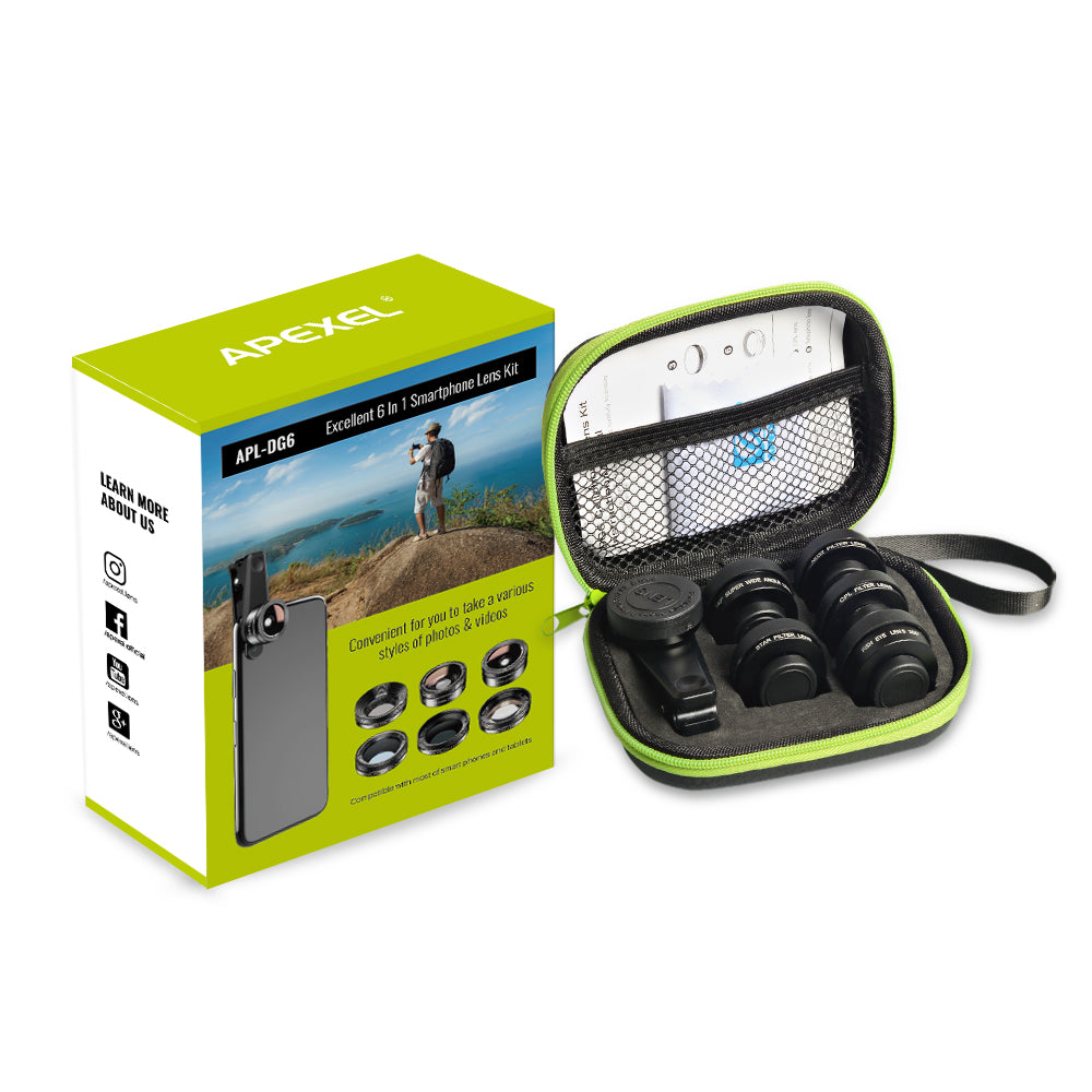 APEXEL APL-DG6V2 HD Multi-function Wide Angle/Star Filter/Macro/Fisheye/ND Filter/CPL Filter 6-in-1 Lens Kit
