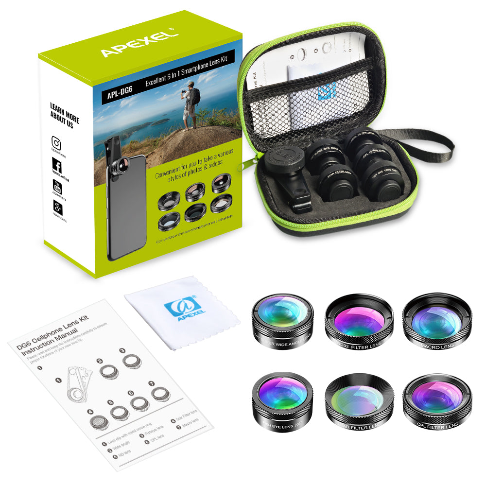 APEXEL APL-DG6V2 HD Multi-function Wide Angle/Star Filter/Macro/Fisheye/ND Filter/CPL Filter 6-in-1 Lens Kit