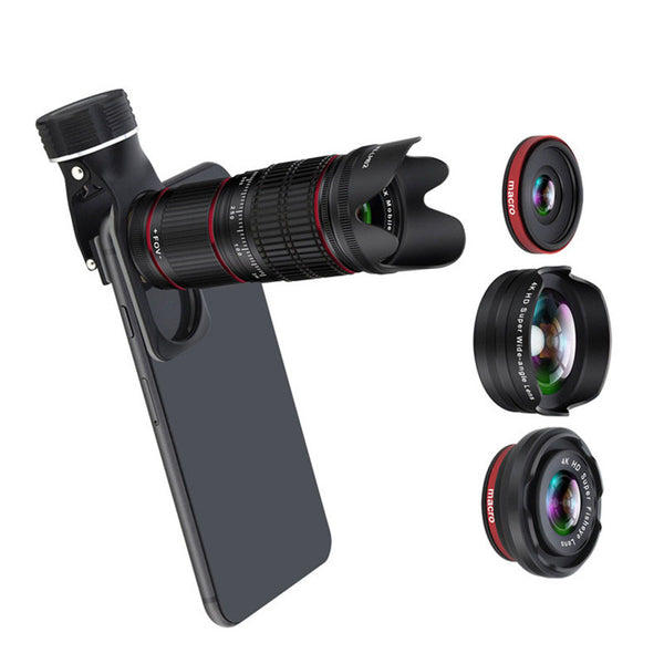 HX1280 Phone Camera Lens Kit Clip-On Phone Lens Fish-eye Wide-angle Telephoto Lens with Storage Box