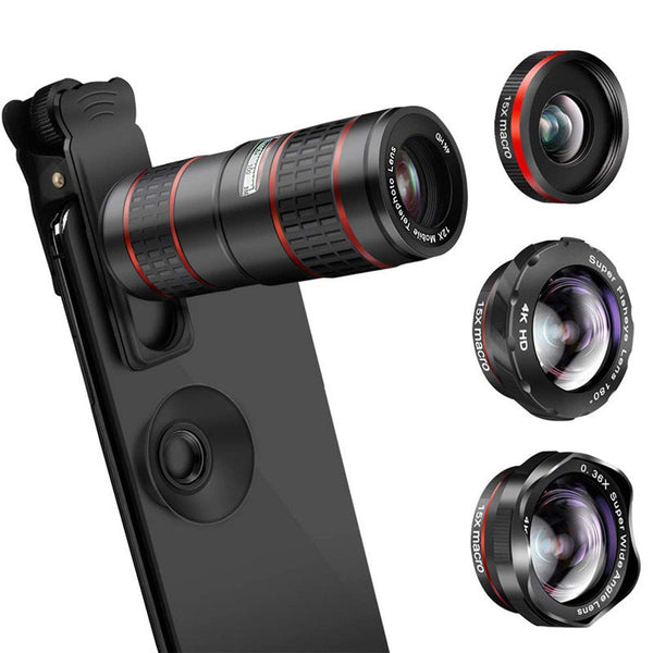 HD Monoculars 12X Telephoto + Wide-angle + Macro + Fisheye Lens Mobile Phone Camera Lens Set with Clip