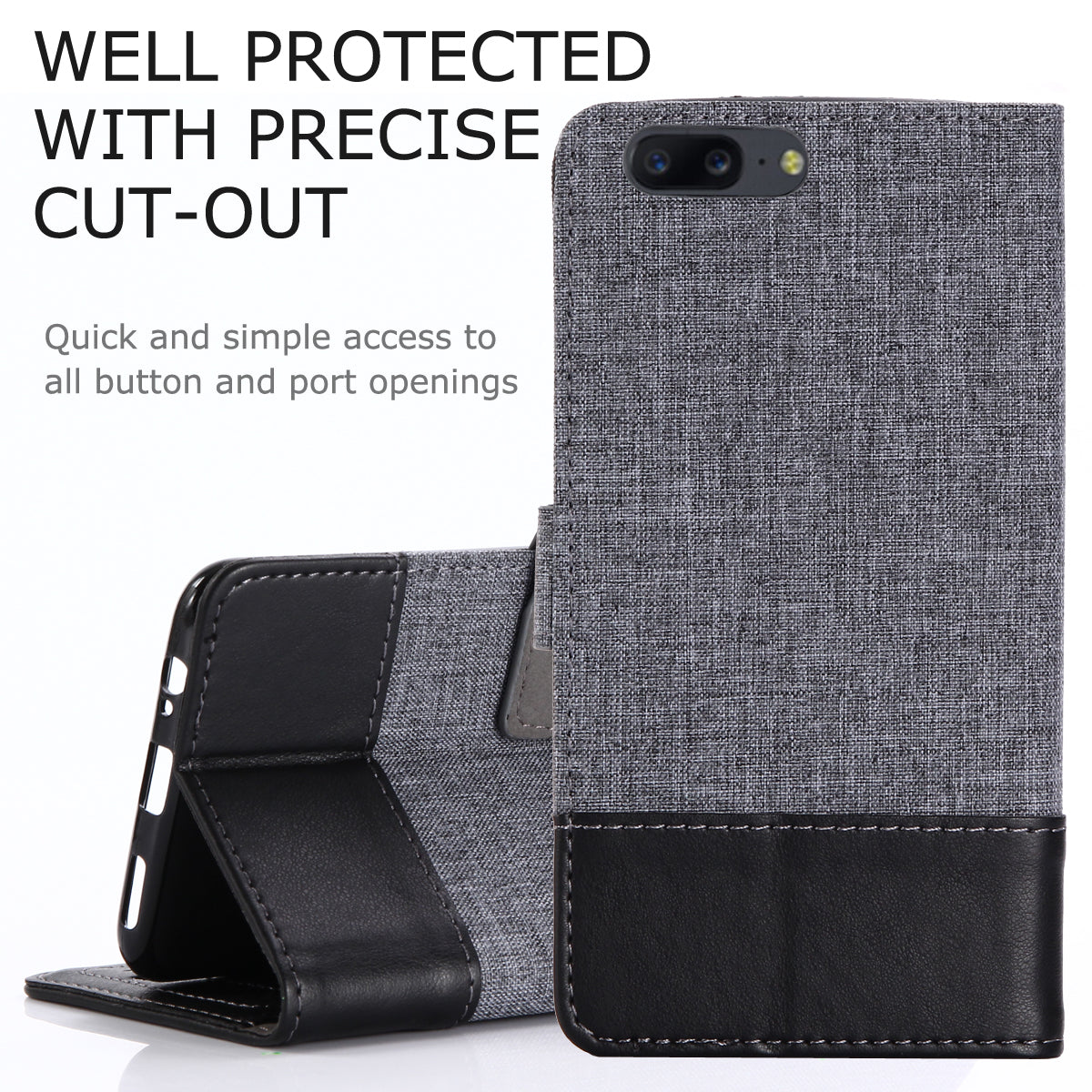 MUXMA Splicing Leather Canvas Stand Mobile Phone Case for OnePlus 5