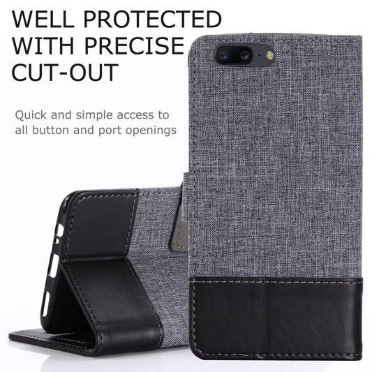 MUXMA Splicing Leather Canvas Stand Mobile Phone Case for OnePlus 5